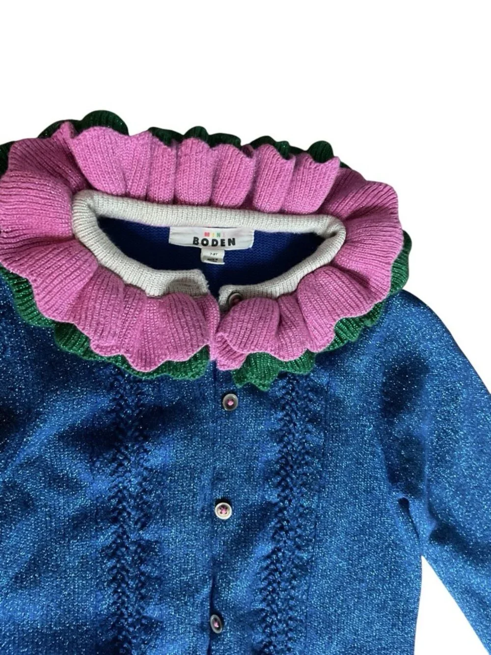Mini Boden Girls Knit Button Cardigan Sweater Ruffle Collar Blue Size 7-8